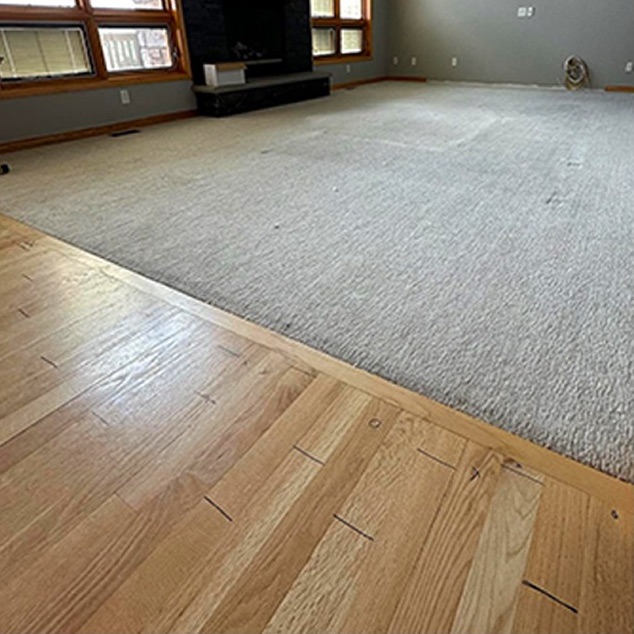 Oak hardwood floor meeting gray carpet in a living room with large windows