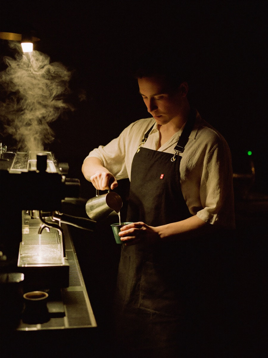 A barista in a black apron steaming milk at the espresso machine under warm light