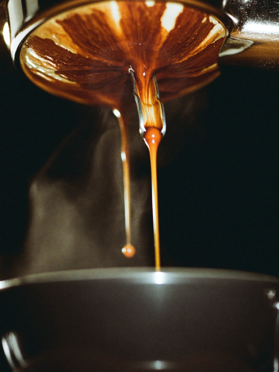 Espresso extracting from a bottomless portafilter into a dark ceramic cup